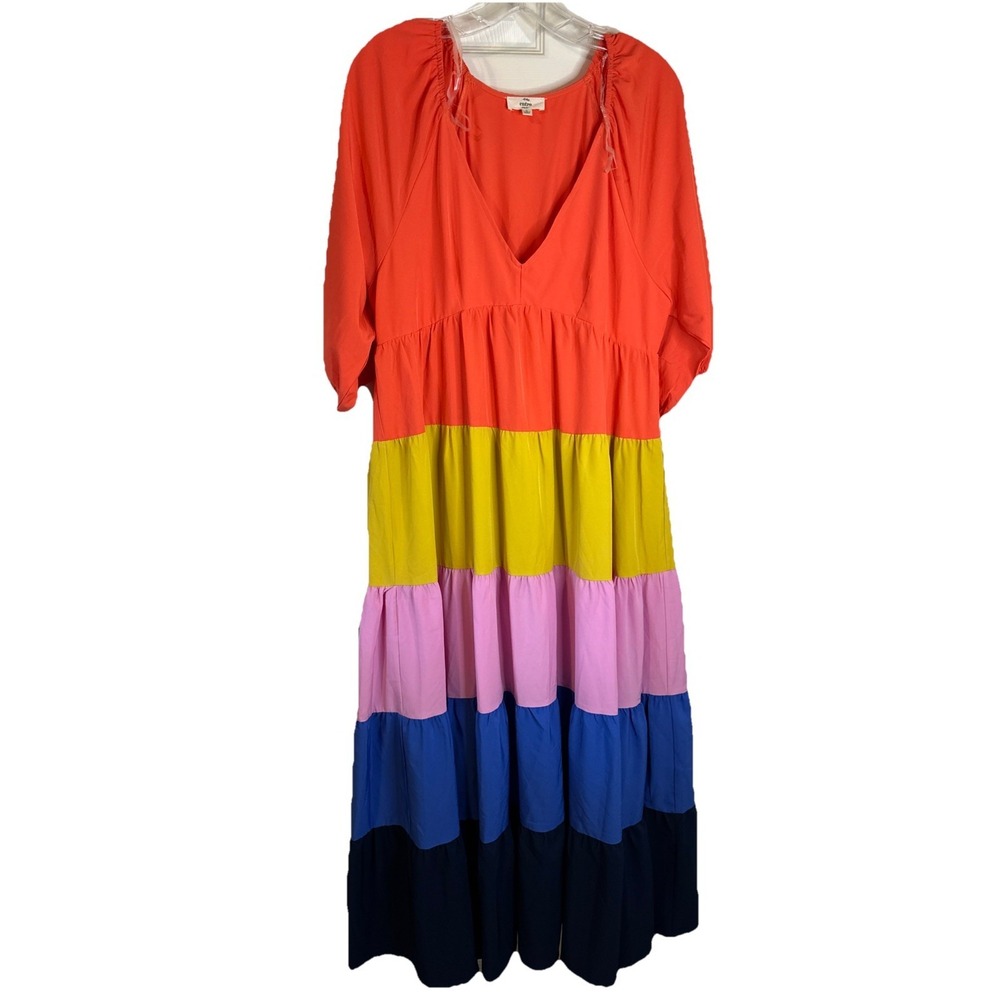 Entro Women Multicolored Block Orange Pink Blue Yellow Patter Maxi Dress Sz L